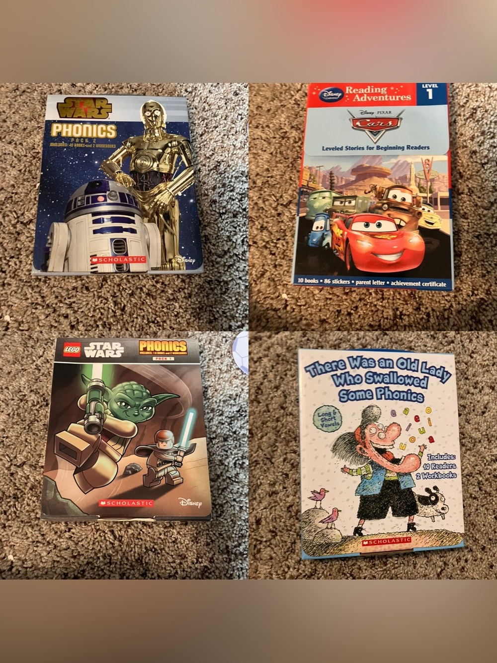 Scholastic Phonics Book Sets Star Wars, Cars, there was an old lady who